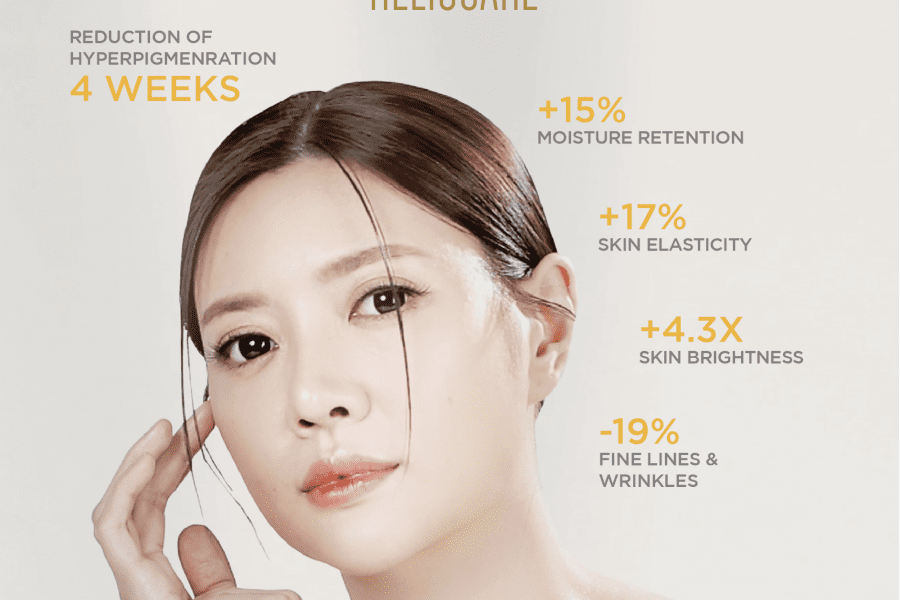 Close-up of glowing Asian woman with flawless skin, showcasing Heliocare Luminance’s results in 4 weeks: +4.3x brightness, +17% elasticity, +15% hydration, and -19% wrinkles.